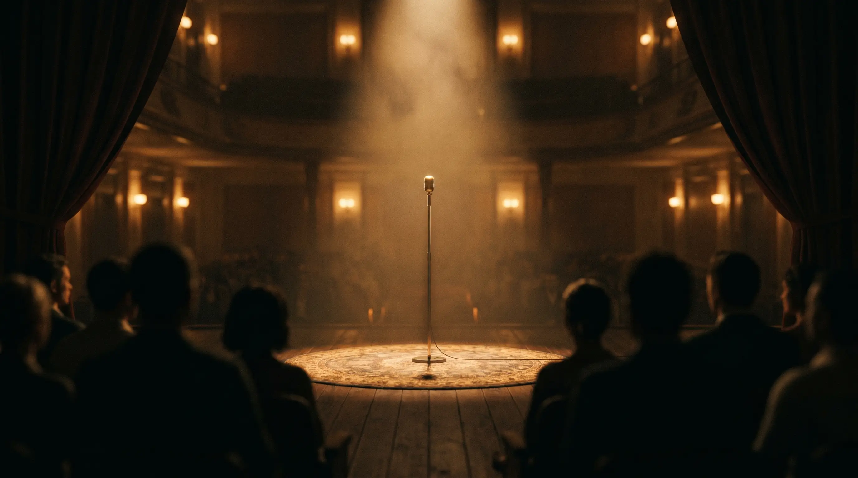 Palco com microfone sob um spot de luz dourada, plateia na penumbra