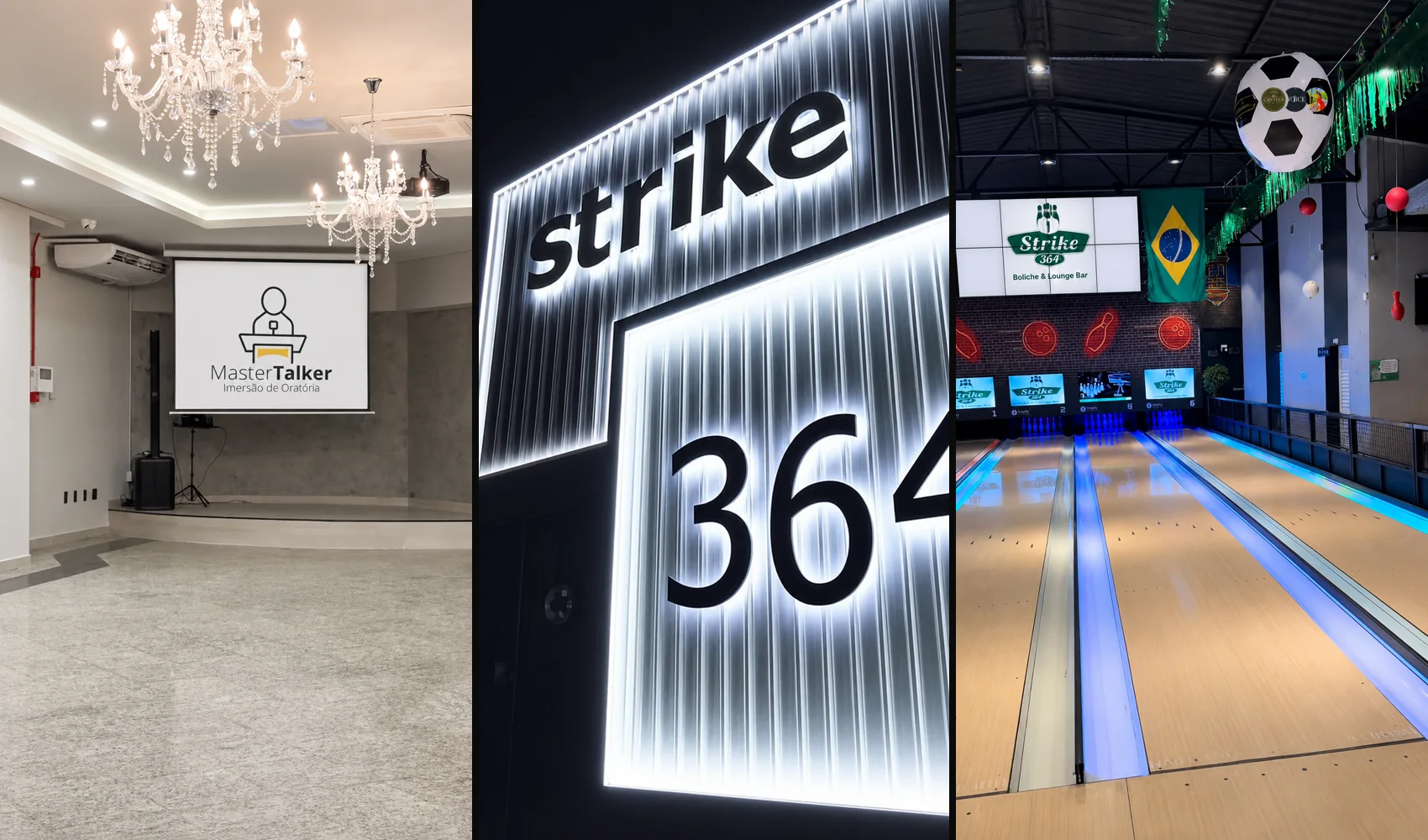 Strike 364 em Porto Velho: o salão de eventos com telão, o letreiro iluminado e as pistas de boliche